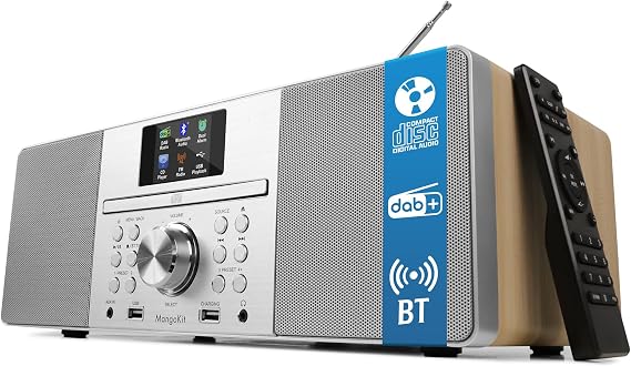 MS1 CD Player with DAB/DAB+FM Radio, Bluetooth, Powerful Stereo HiFi System, Full Colour Display, 60 Presets, Remote, Acoustic Wooden Cabinet, AUX IN, USB Playback & Charging, HP Jack, Maple 