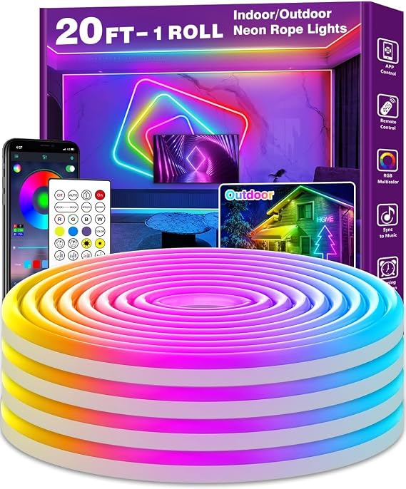 AILBTON 20Ft Neon Rope Lights,Flexible Led Rope Lights Control with App/Remote,Multiple Modes RopeLights,IP65 Outdoor RGB Led Neon Lights NonWater Resistant,Music Sync Gaming Led NeonLight Strip