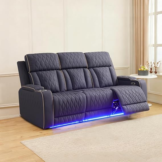 Power Recliner Sofa with LED Lights,Suede Leather Reclining Couch with Double Recliner/USB Port/Coffee Table/Cup Holder for House/Home Theater(3 Seater Sofa,Navy)
