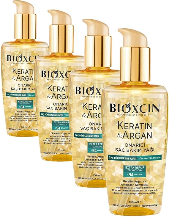 Bioxcin Keratin & Argan Onarıcı Saç Bakım Yağı 150 ml – Yıpranmış Saçlar İçin Nemlendirici ve Parlaklık Veren Bakım (4 paketi)