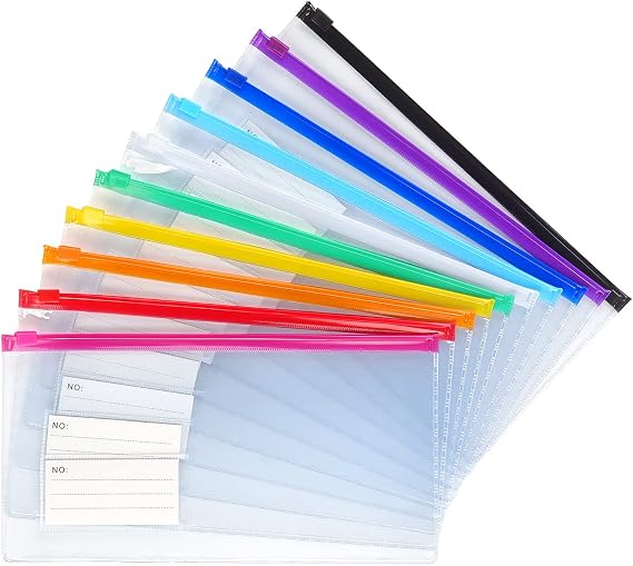 Tamaki 10 Pack Zipper Plastic Envelopes, Small Pencil Pounch, 9 x 4.7 Inch | Plastic Envelopes A6 Size for Pencil Case Bulk, Bill Bag