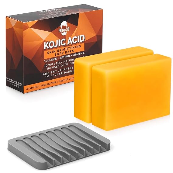 Perfecto Kojic Acid Soap Bar for Hyperpigmentation - All-Natural Kojic Acid Turmeric Bars - Can Reduce Dark Spots - Skin Soap with Vitamin C, Retinol, Collagen -100g x 2 Bars