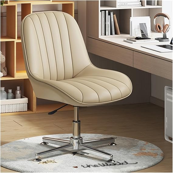 Cross Legged Office Chair Armless Wide Desk Chair No Wheels,Swivel Accent Chair Modern Home Office Desk Chair Adjustable Leather Stylish Lounge Vanity Chair (Color : Khaki)