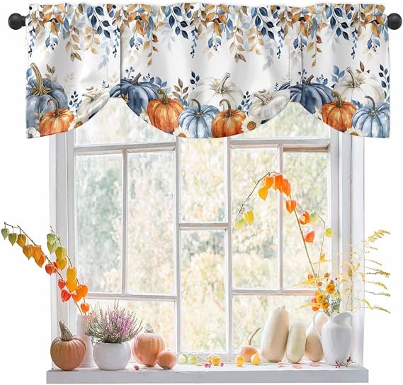 Fall Blue Pumpkins Tie Up Valance Curtains for Windows, Orange Grey Thanksgiving Kitchen Curtains Window Treatments, Maple Leaf Botanical Short Window Valances for Bedroom Bathroom 54"x18"