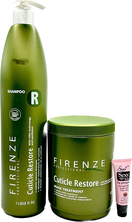 Firenze Professional Cuticle Restore Shampoo and Mask Treatment 1000ml/ 33.8 oz - Free Starry Lip Plumping Gloss 10ml