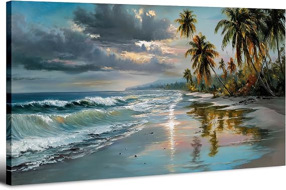 Large Tropical Beach Canvas Wall Art 20x40in Sunset Coastal Wall Decor Ocean Waves Palm Trees Seascape Wall Pictures Nautical Landscape Painting Artwork for Living Room Bedroom Hallway Home Decoration