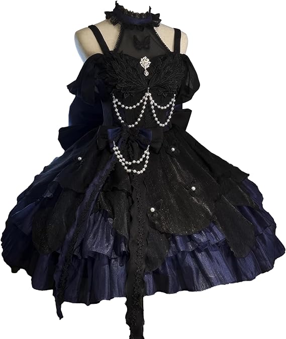 Sweet Lolita Dress for Women Blue Tiered Ruffled Dress Featuring White Lace Trim and Bow Butterfly Cosplay Costume