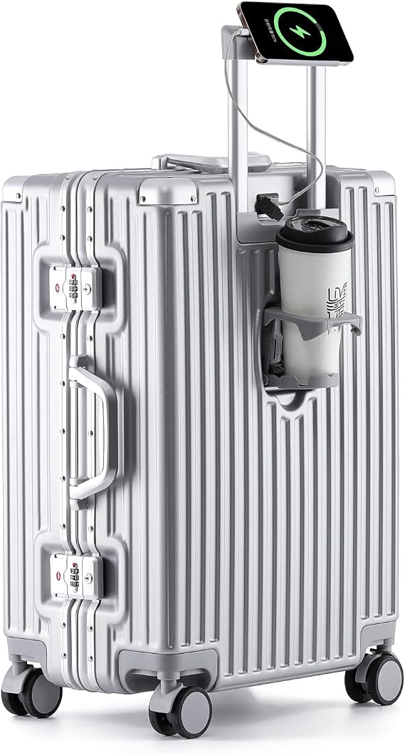 Carry on Luggage Hard Shell Suitcase Cheap Luggage Suitcase USB Interface Large Suitcase 4 Wheels Lightweight (Silver, 26in)
