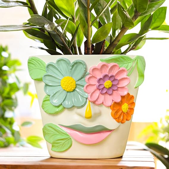GUGUGO 8 Inch Large Flower Face Planters, Abstract Unique Head Plant Pot with Drainage, Rainbow Colorful Cute Flower Plant Pots for Indoor Plants, Funny Gardening Pot Gift Home Decor, Blue&Pink