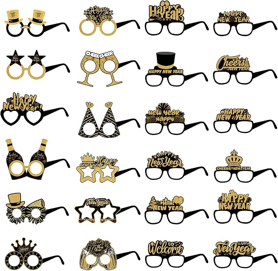 24 PCS Happy New Year Glasses 2026, Unique Party Glasses Made of Thick Cardboard, Glass for Party Favors Photo Booth Props Graduation Supplies
