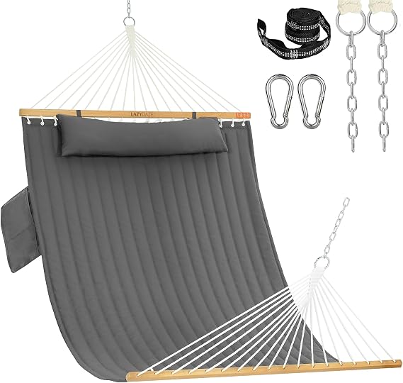 Lazy Daze Double Hammock with Pillow & Tree Straps for Outside, Grey