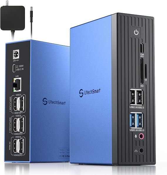 UtechSmart Docking Station Quadruple Display(18 in 1), 4K Laptop USB C Docking Station for Home & Office, Universal Dock Compatible Mac/Win/ChromeOS, 3*HDMI or DP, 100W Fast Charging (Blue)