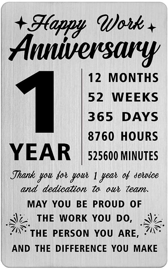 1 Year Work Gifts - Happy 1st Work Anniversary Wallet Card for Employee, Coworker - Thank You for 1 Years of Service Gift