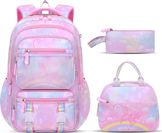 Backpack for Kids - Schoolbag for Girls Kids Teen Women Travel Daypacks - Middle School Cute Backpack with Lunch Box (PINK-3IN1)