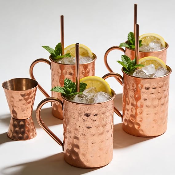 Craft Trade 16Oz/500ml Pure Copper Moscow Mule Mugs Hammered Drinking Cup with 4 Straws and 1Shot Glass for Drink Party and Room Bar Resturent - Set of 4