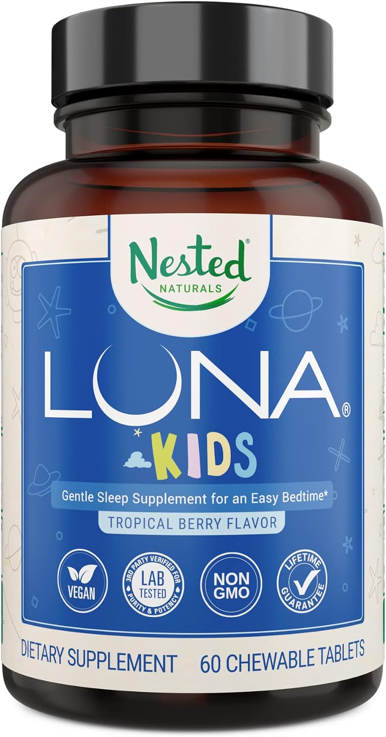 Nested Naturals Luna Kids Sleep Supplement - for Children & Melatonin Sensitive Adults - Gentle Herbal Supplement with Melatonin – 60 Chewable Pills