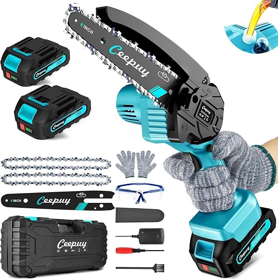 CEEPUY Mini Chainsaw Cordless,6 Inch Portable Electric Chain Saw, Automatic Oiler, Battery Powered Small Handheld Saw, Security Lock Trees Branches Trimming,Wood Cutting, 2 Batteries 2 Chains 2026