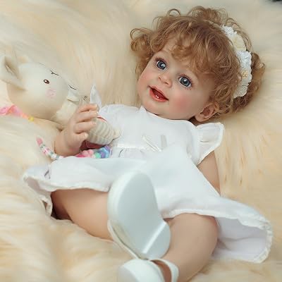 Lifelike Reborn Baby Dolls, 22 Inch Lovely Realistic Baby Doll Girl with Blond Curly Hair Weighted Soft Body Full Vinyl Newborn Real Life Baby Doll Gift with Accessories for Kids Age 3