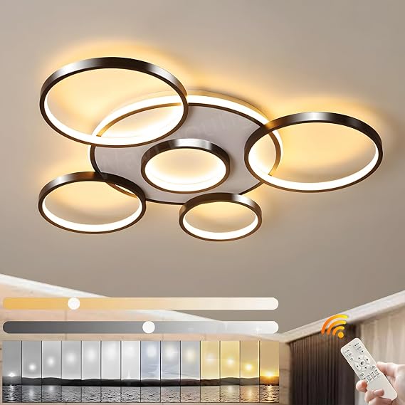 LED Ceiling Light | Modern 6-Rings Living Room Ceiling Lamp | Black Round Circle 86W/Ø85cm | Bedroom Ceiling Lamps Fixture | 2700K-6500K Dimmable With Remote Control | Restaurant Indoor Ceiling Lamp [Energy Class A]