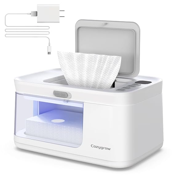 Baby Wipe Warmer with LED Light & Transparent Viewing Window, Adjustable 95F-131F, 1.5 Meter Plug Cord