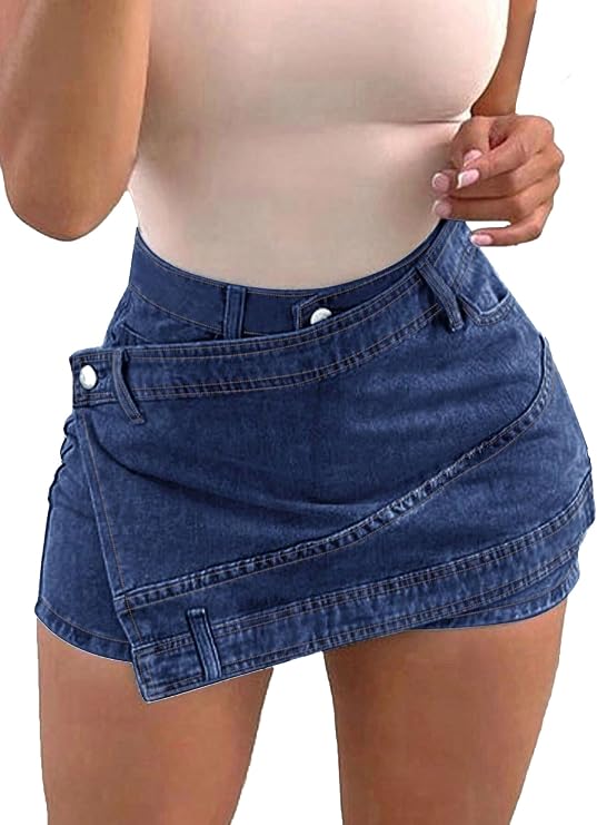 Denim Skort for Women High Waisted Asymmetrical Wrap Jean Skorts A-Line Stretchy Skinny Cargo Mini Skirts