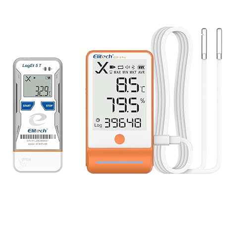 Elitech Temperature Data Logger USB Connection with Shadow Data Function, Automatic PDF/CSV Report Production, 32,000 Data Points LogEt5T & Bluetooth Temperature Humidity Data Logger GSP-6Pro 100,000