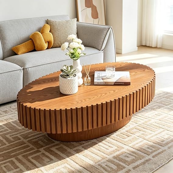 Oval Fluted Coffee Table Wood,Drum Center Table,Oval Yellow