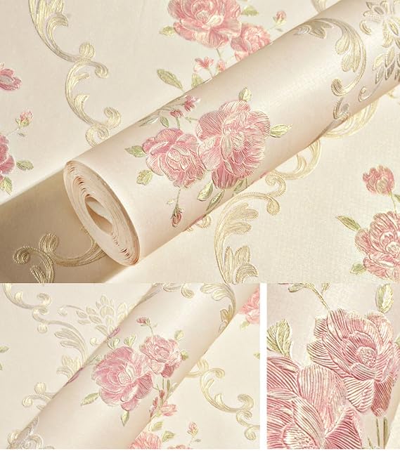 GLOW4U Embossed Rose Floral Contact Paper Self Adhesive Non-Woven Wallpaper Peel and Stick Wall Decor for Girls Living Room Bedroom Kitchen Bathroom Wall (Light Yellow, 20.83" x 117")