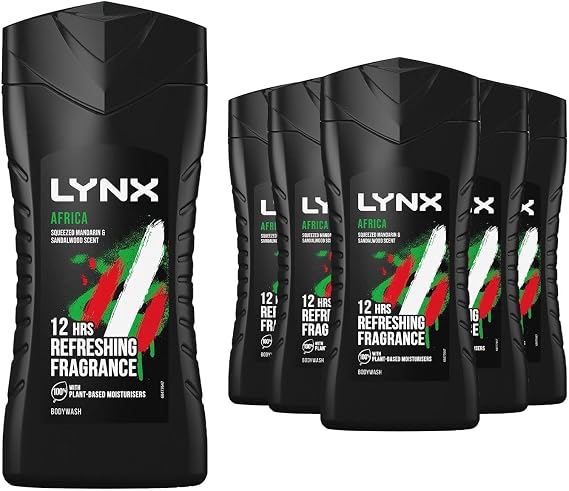 Lynx Africa Shower Gel, Body Wash, Mens Shower Gel, Plant based Moisturisers with 12 hours of Refreshing Fragrance Body Wash for Men, 225ml (Pack of 6)
