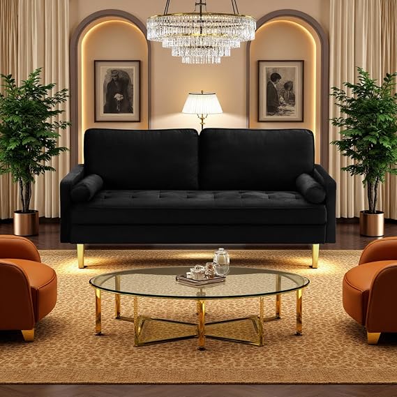 65' Velvet Loveseat Sofa, Upholstered Small Love Seat Couch (Black)