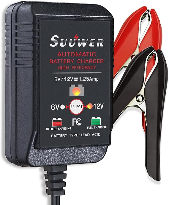 Suuwer Automatic Trickle Battery Charger, 6V&12V 1250mA Battery Maintainer. | for Car Motorcycle ATV Boat, With 12FT DC Cable