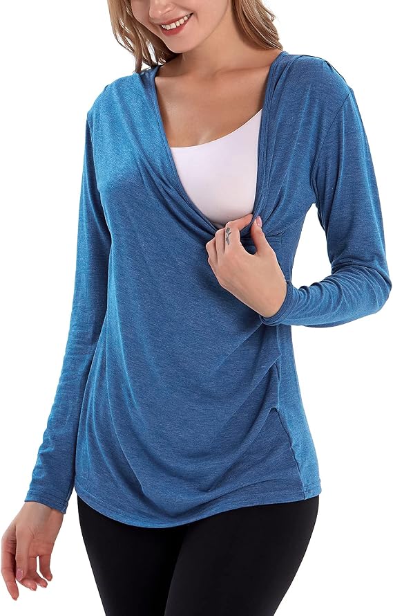 Nursing Tops Long Sleeve Breastfeeding Shirts V Neck Cross Wrap Postpartum Blouses