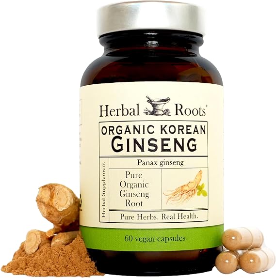Herbal Roots Panax Ginseng | Organic Korean Ginseng Root Powder | 1000mg | High Ginsenosides for Energy & Performance | 60 Vegan Capsules