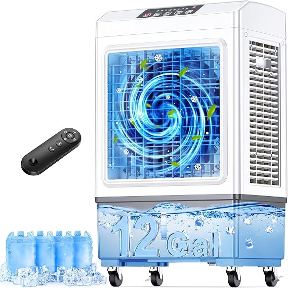 fancole 3-IN-1 Air Conditioner Portable w/4 Mode & 3 Speed, 12H Timer, 70 Oscillating Evaporative Air Cooler, Remote Control, 4 Ice Packs, 1.1 Gal Water Tank for 24H Cooling Portable Air Conditioner