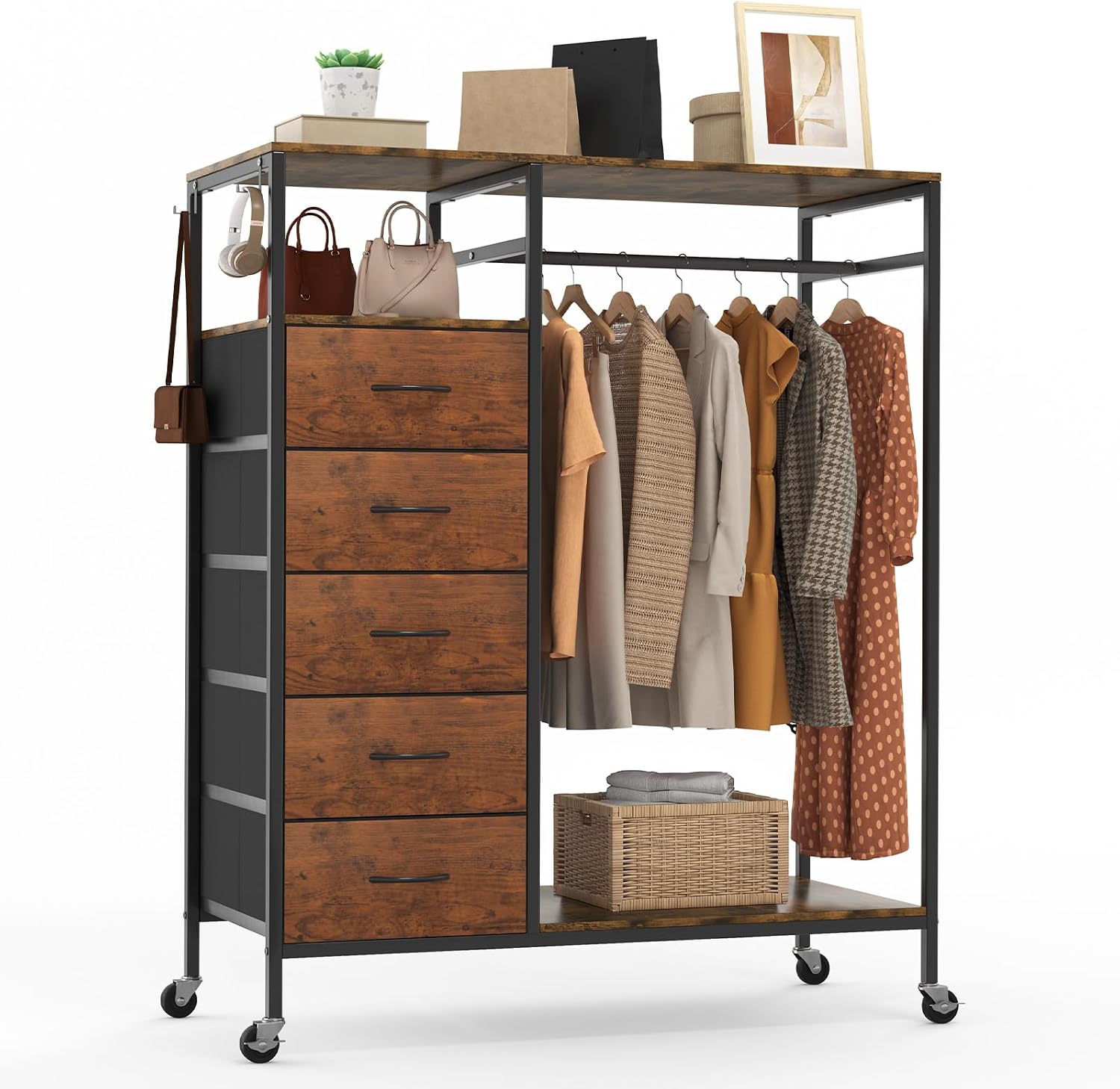 HOKEEPER All-in-One Rolling Coat Rack with 5 Drawers, Mobile Closet Organizer on Wheels, Clothes Rail & Open Shelves for Bedroom, Laundry Room - Wood Grain