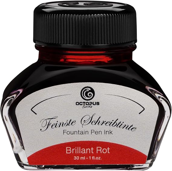 Octopus Fluids Fountain pen ink in ink glass,Writing ink for fountain pen, Fountain pen ink in Brilliant Red 30ml, inkpot, Calligraphy Ink