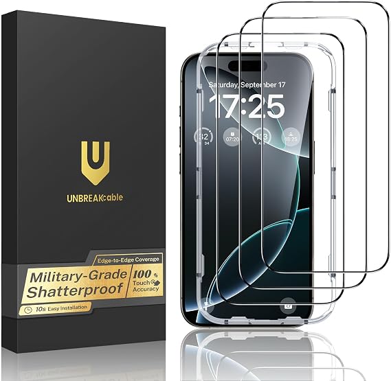 UNBREAKcable for iPhone 16 Pro Max Screen Protector, 3-Pack Full Coverage Tempered Glass [Military Grade Shatterproof][9H Hardness][Easy Installation Frame][Bubble Free] for iPhone 16 Pro Max 6.9"