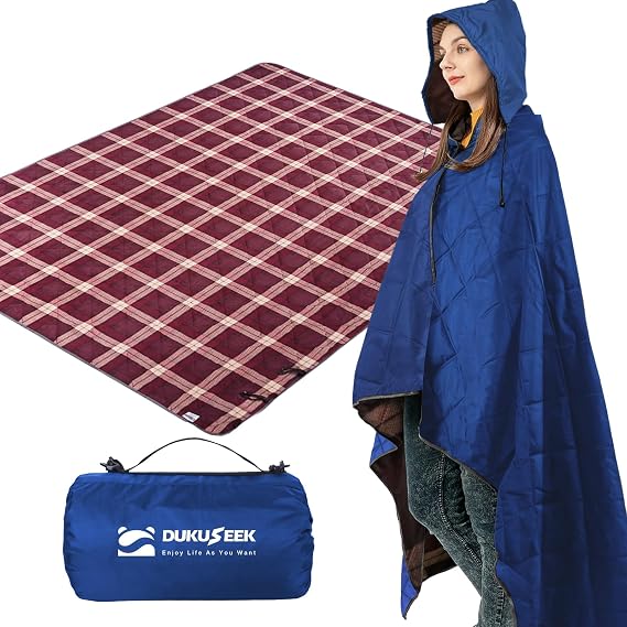 DUKUSEEK Waterproof Camping Blanket with Thick Fleece, Large Outdoor Blanket Windproof with Foldable Hood for Camping Stadium Sporting Events,79"x 58"
