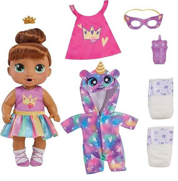 Baby Alive Super BFF Sophia Sparkle Brown Hair Dress Up Baby Doll Playset, 11 Inches, Toys for 3 Year Old Girls & Boys & Up