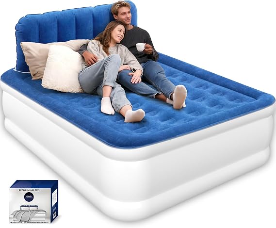 Queen Air Mattress with Headboard, Built-in Pump, 19" Raised 800 lbs Max