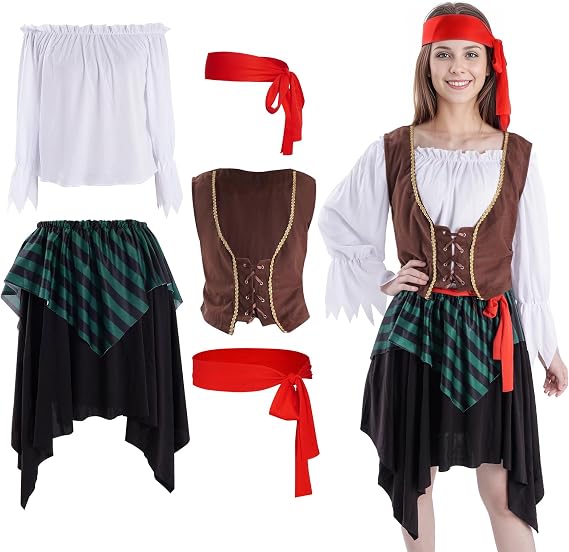 Pirate Costume for Women Adult Pirate Accessories Halloween Renaissance Costumes Outfit with White Shirt Skirt Vest Belt Headscarf for Women Girl