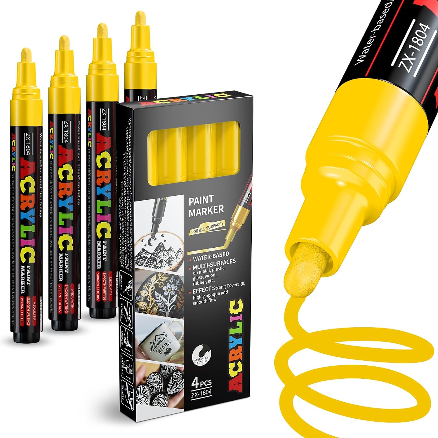 Yellow Paint Marker Pens - 4 Pack Medium Tip Acrylic Paint Markers, Waterproof & Quick Drying Water-based Marker Pen for Rock Painting, Tires, Wood, Plastic, Canvas, Mugs, Stone
