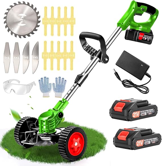 21V Stringless Weed Wacker Battery Powered Lightweight 3-in-1 Grass Trimmer/Brush Cutter/Edger with 2pcs Batteries&Wheel, 4Types Blade