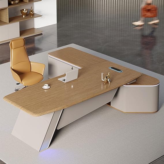 Large L Shaped Computer Desk, Wood Metal L Shape Home Office Desks, L-Shaped Corner Desk with Drawers, Home Office Workstation