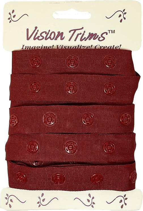 2 Yards Plastic Snap Button Polyester Tape Ribbon Hook & Eye Zipper Popper Press Stud Fastener Baby Crotch Fastening Duvet Sewing Renaissance Dance Costume Drapery Lingerie-Wine Burgundy RED- SP9-2
