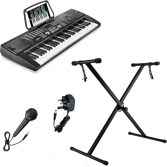61 Key Electronic Keyboard Digital Piano Workstation MP3 Music Instrument With Microphone + Keyboard Stand - Black (With Single Braced Stand)