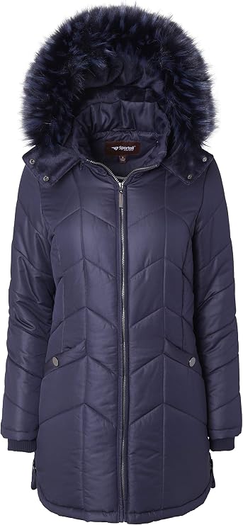 Women Long Down Alternative Winter Puffer Coat Zip-Off Plush Lined Fur Trim Hood - Stormy Night (Medium)