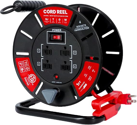 1ft Cord Reel, Retractable Extension Lead with Winding Handle, Safety Overload Circuit Breaker and Power Switch, 4x Grounded Outlets, 13amps, 14AWG Cable