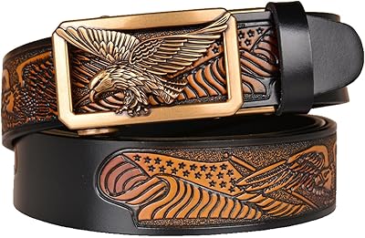 Belt Men Ratchet, Western Cowboy Belts for Men, Genuine Leather Embossed Belt with Eagle Alloy Square Buckle