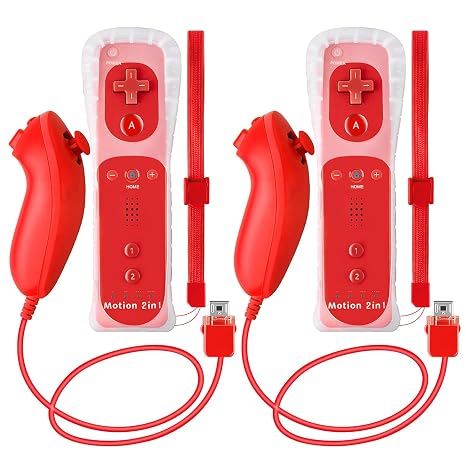 NC 2Pack Motion Plus Wii Controllers with Nunchucks,Wii Remote Controllers with Built in Motion Plus, Compatible for Nintendo Wii and Wii U Console, with Silicone Case and Wrist Strap (2 Red)